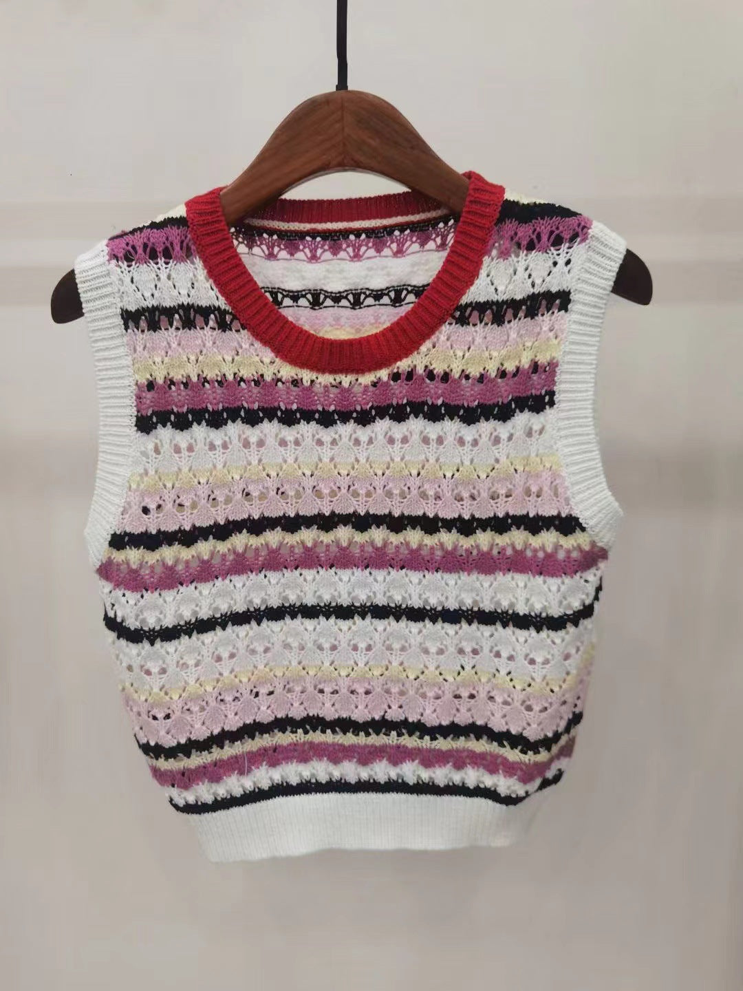 Summer 2025 Sleeveless Stripe Cutout Knit Crop Top Trendy